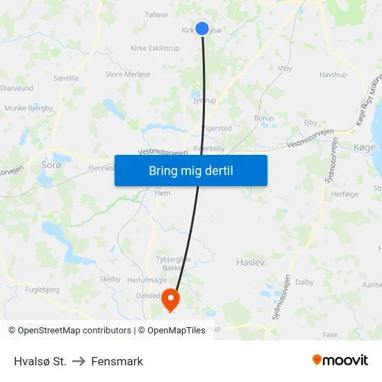 Hvalsø St. to Fensmark map