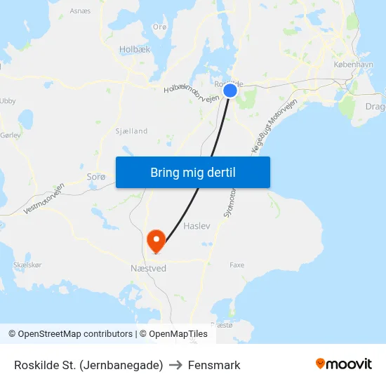 Roskilde St. (Jernbanegade) to Fensmark map