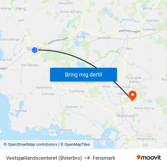 Vestsjællandscenteret (Østerbro) to Fensmark map