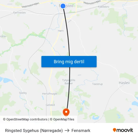 Ringsted Sygehus (Nørregade) to Fensmark map