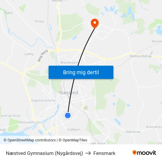 Næstved Gymnasium (Nygårdsvej) to Fensmark map