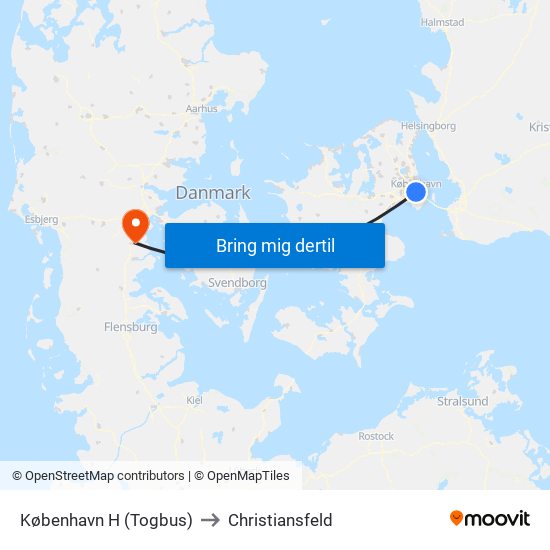 København H (Togbus) to Christiansfeld map