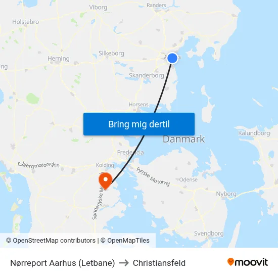 Nørreport Aarhus (Letbane) to Christiansfeld map