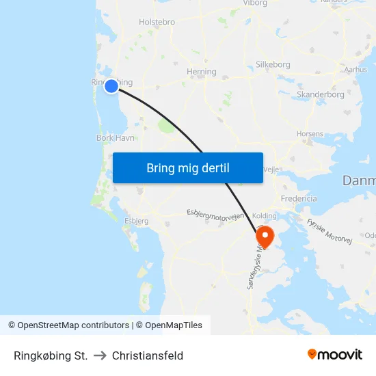 Ringkøbing St. to Christiansfeld map