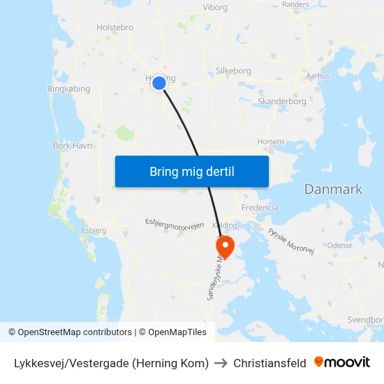 Lykkesvej/Vestergade (Herning Kom) to Christiansfeld map