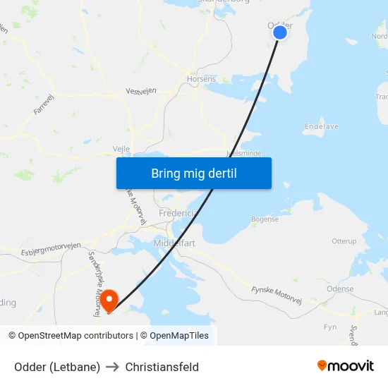 Odder (Letbane) to Christiansfeld map