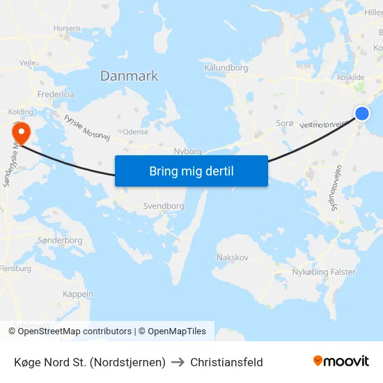 Køge Nord St. (Nordstjernen) to Christiansfeld map