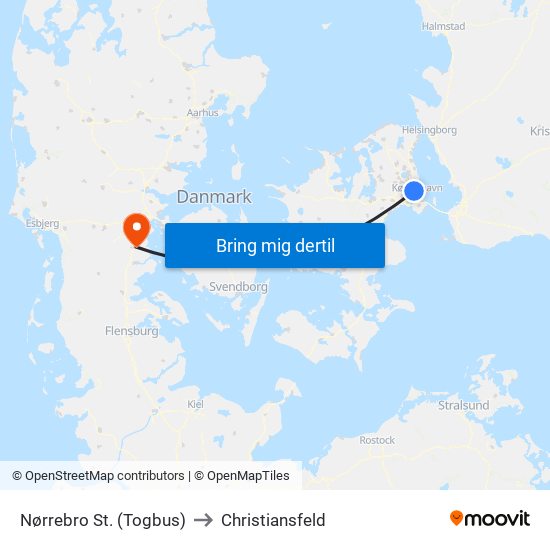 Nørrebro St. (Togbus) to Christiansfeld map