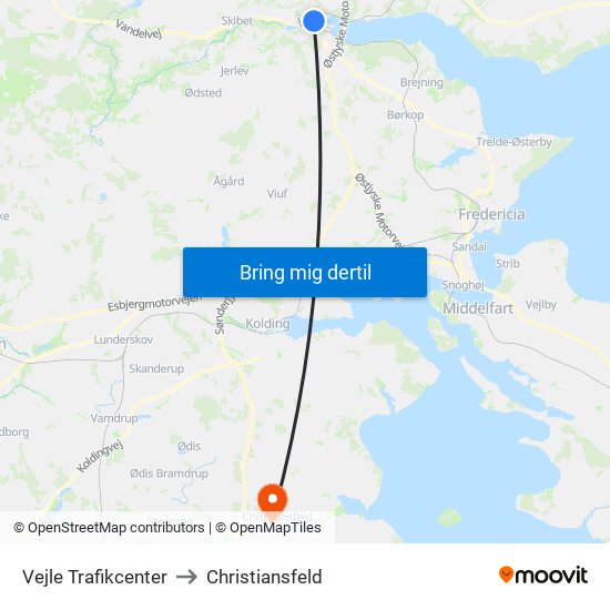 Vejle Trafikcenter to Christiansfeld map