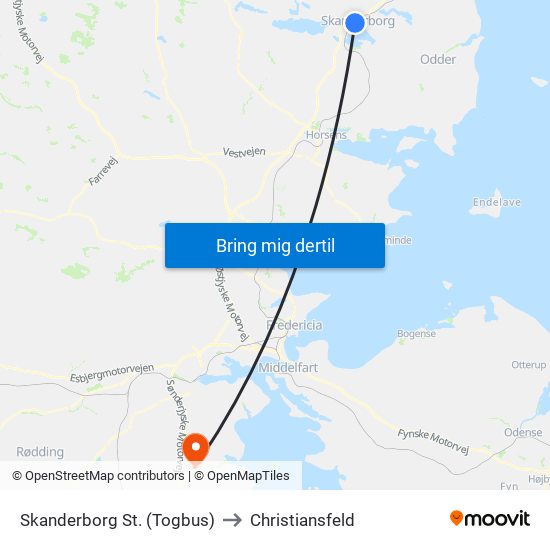 Skanderborg St. (Togbus) to Christiansfeld map