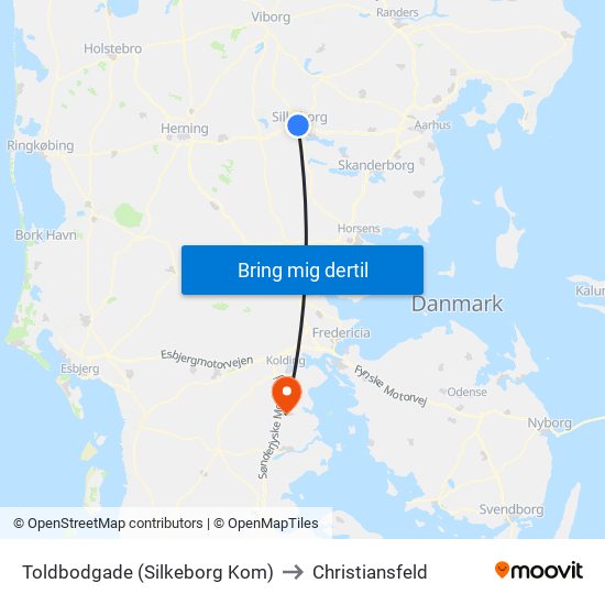 Toldbodgade (Silkeborg Kom) to Christiansfeld map