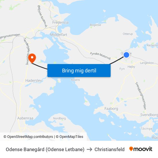 Odense Banegård (Odense Letbane) to Christiansfeld map