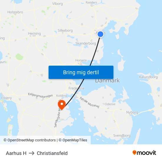 Aarhus H to Christiansfeld map