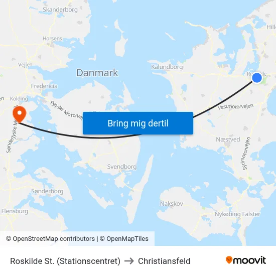 Roskilde St. (Stationscentret) to Christiansfeld map
