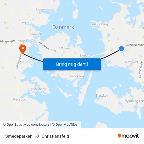 Smedeparken to Christiansfeld map