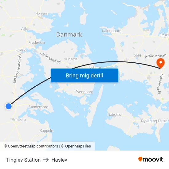 Tinglev Station to Haslev map