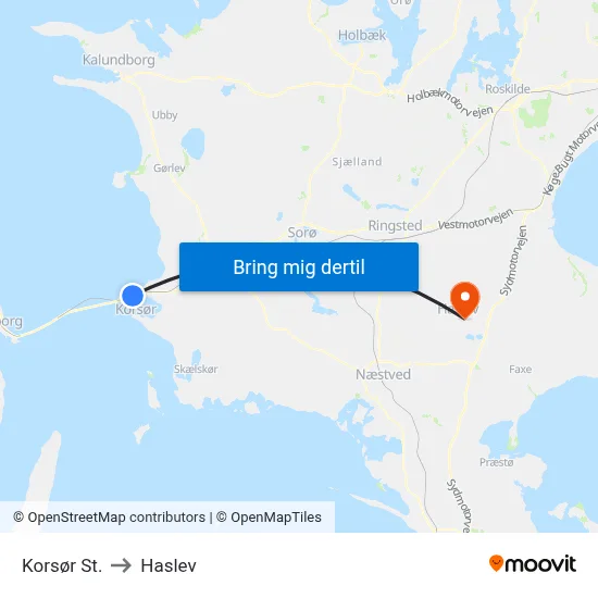 Korsør St. to Haslev map