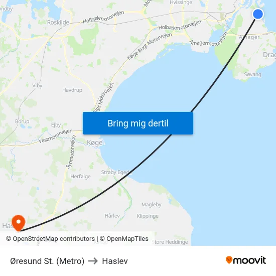 Øresund St. (Metro) to Haslev map