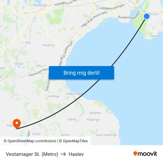 Vestamager St. (Metro) to Haslev map