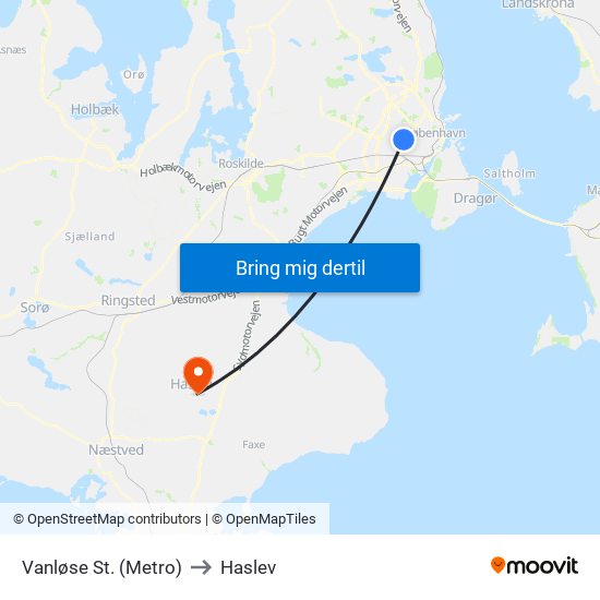 Vanløse St. (Metro) to Haslev map