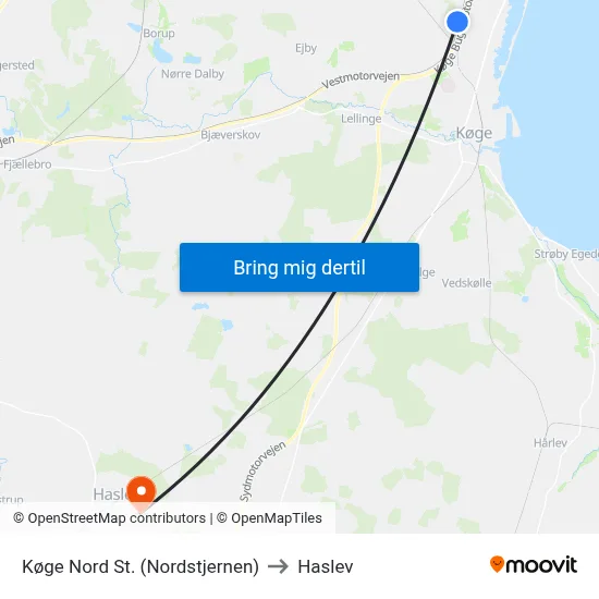 Køge Nord St. (Nordstjernen) to Haslev map