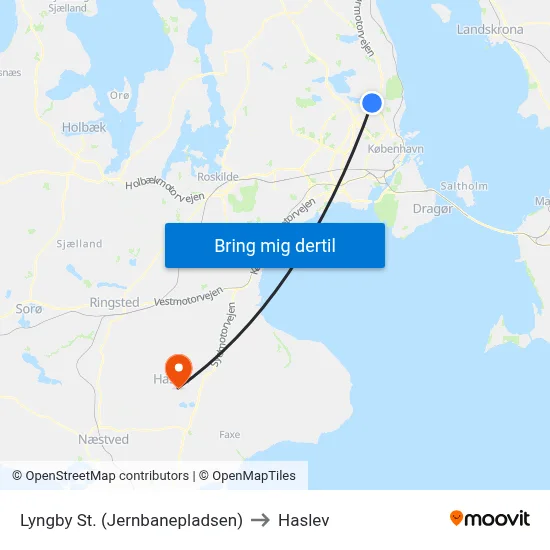 Lyngby St. (Jernbanepladsen) to Haslev map