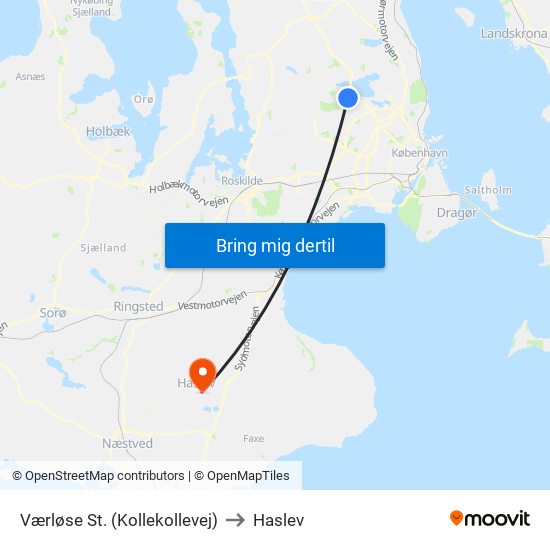 Værløse St. (Kollekollevej) to Haslev map