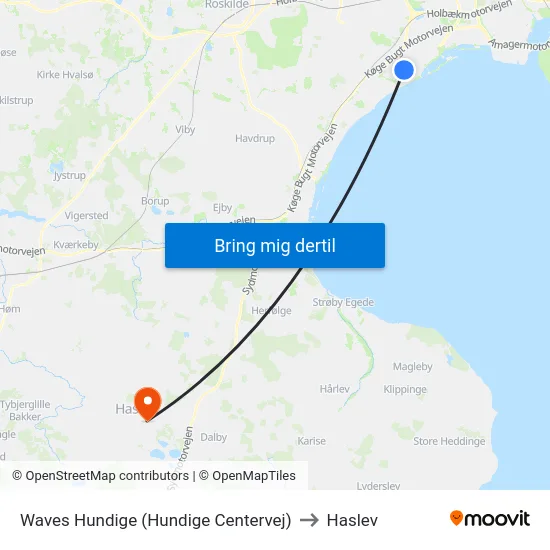 Waves Hundige (Hundige Centervej) to Haslev map