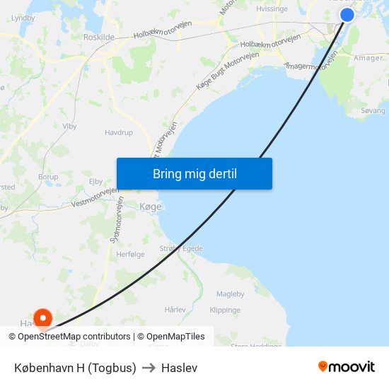 København H (Togbus) to Haslev map