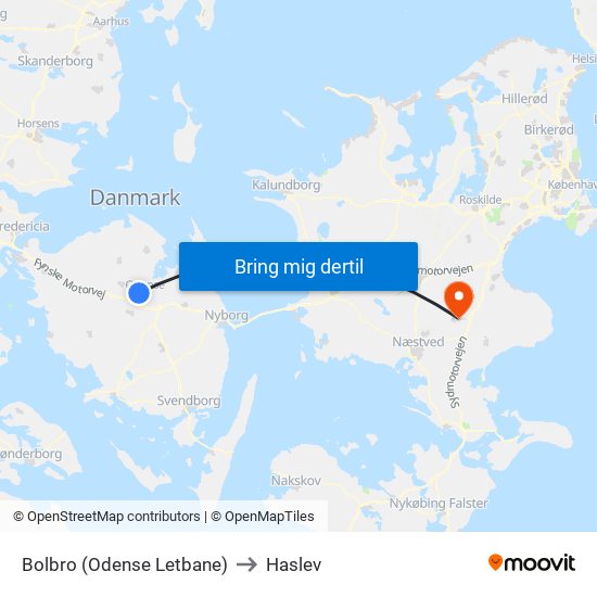 Bolbro (Odense Letbane) to Haslev map