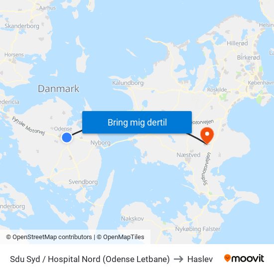 Sdu Syd / Hospital Nord (Odense Letbane) to Haslev map