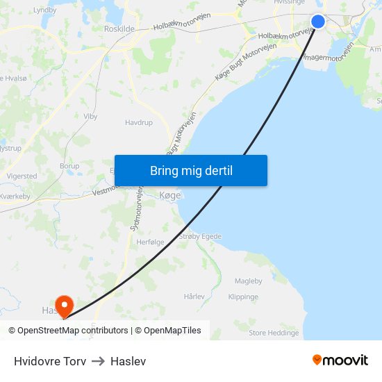 Hvidovre Torv to Haslev map