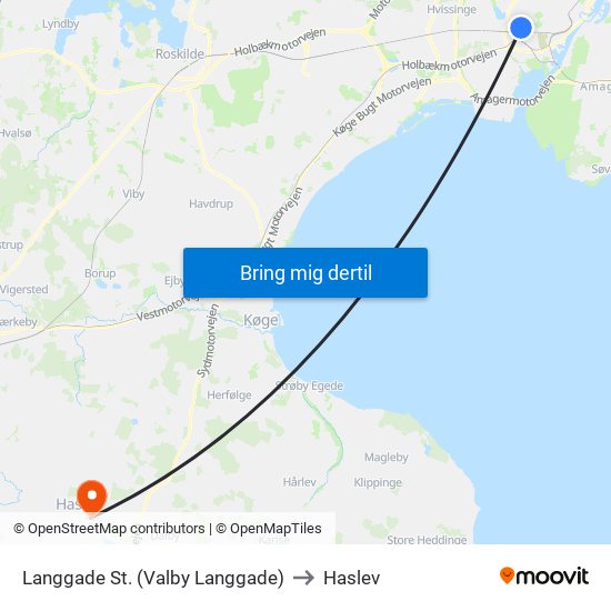 Langgade St. (Valby Langgade) to Haslev map