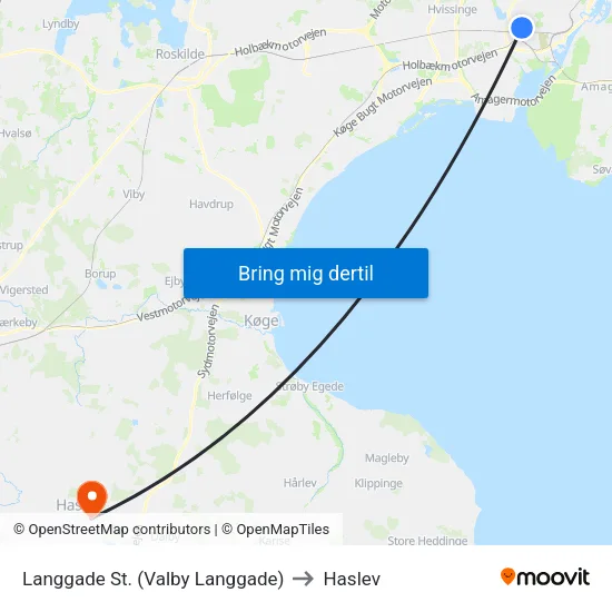 Langgade St. (Valby Langgade) to Haslev map