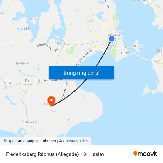 Frederiksberg Rådhus (Allegade) to Haslev map