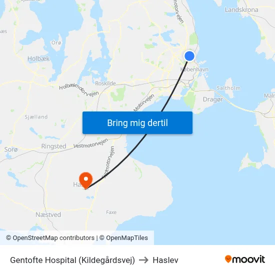 Gentofte Hospital (Kildegårdsvej) to Haslev map