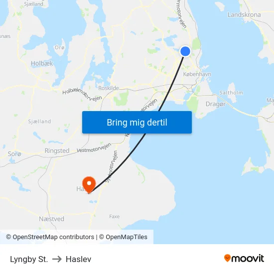 Lyngby St. to Haslev map