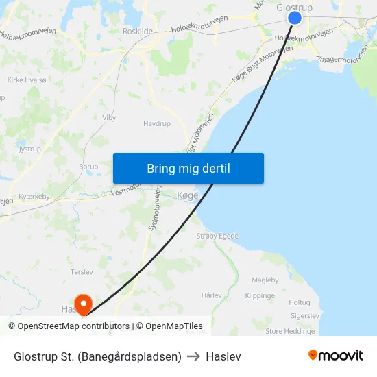 Glostrup St. (Banegårdspladsen) to Haslev map