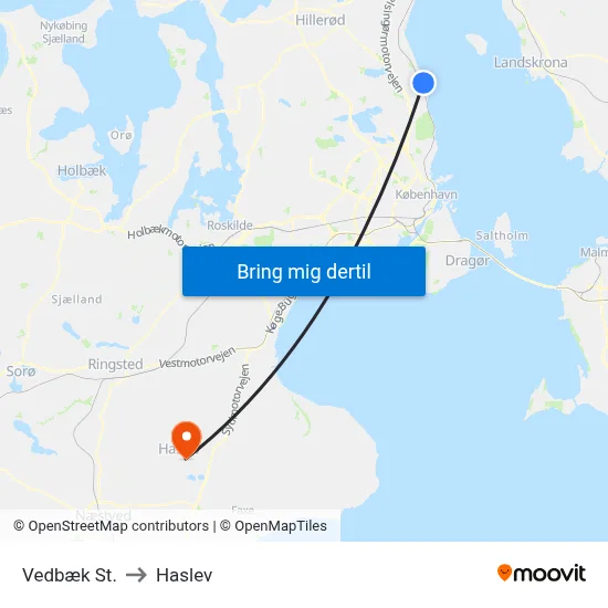 Vedbæk St. to Haslev map