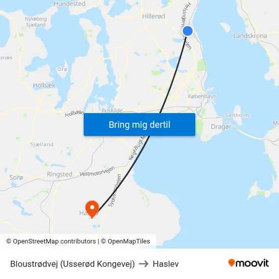 Bloustrødvej (Usserød Kongevej) to Haslev map