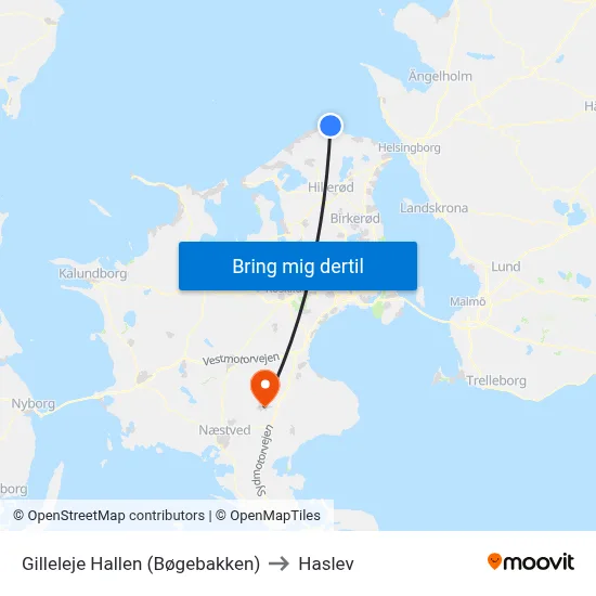Gilleleje Hallen (Bøgebakken) to Haslev map