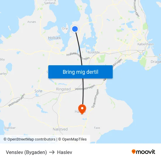 Venslev (Bygaden) to Haslev map
