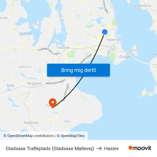 Gladsaxe Trafikplads (Gladsaxe Møllevej) to Haslev map