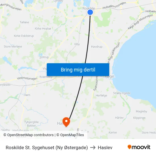 Roskilde St. Sygehuset (Ny Østergade) to Haslev map