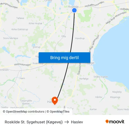 Roskilde St. Sygehuset (Køgevej) to Haslev map
