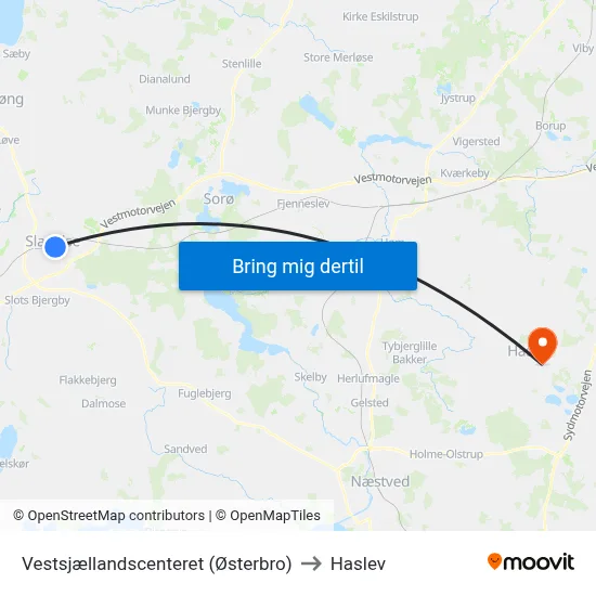 Vestsjællandscenteret (Østerbro) to Haslev map