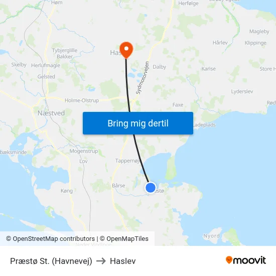 Præstø St. (Havnevej) to Haslev map