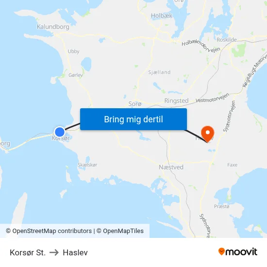 Korsør St. to Haslev map