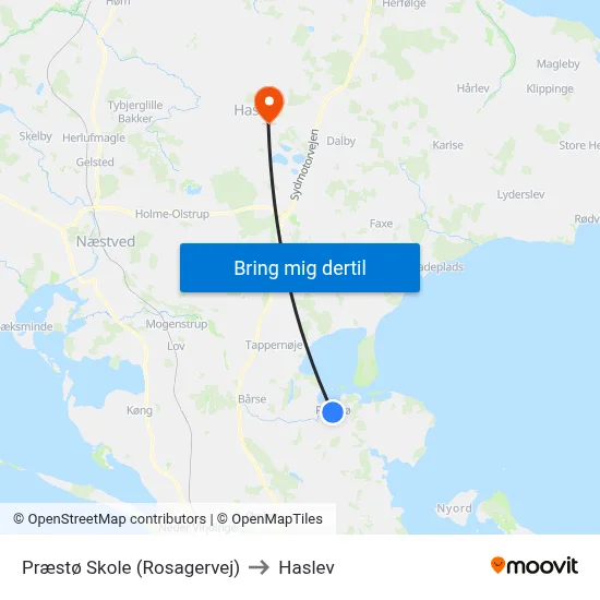 Præstø Skole (Rosagervej) to Haslev map