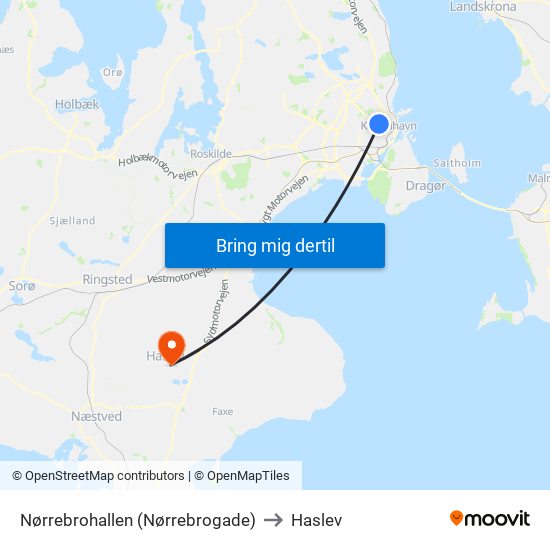 Nørrebrohallen (Nørrebrogade) to Haslev map